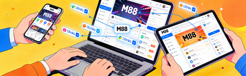 Animasi ilustrasi akses M88 melalui berbagai perangkat dan link