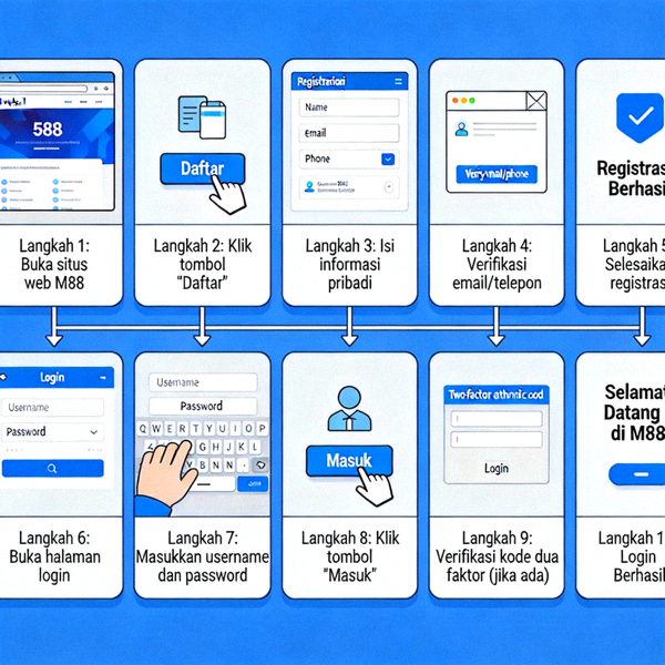 Animasi panduan langkah demi langkah proses registrasi dan login di M88